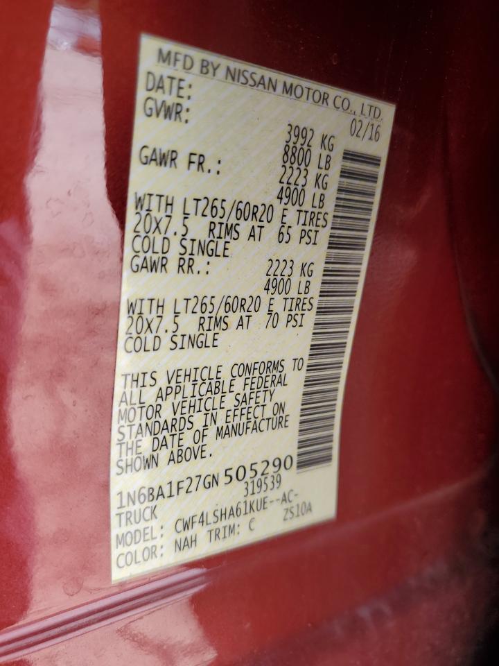 2016 Nissan Titan Xd Sl VIN: 1N6BA1F27GN505290 Lot: 65713995