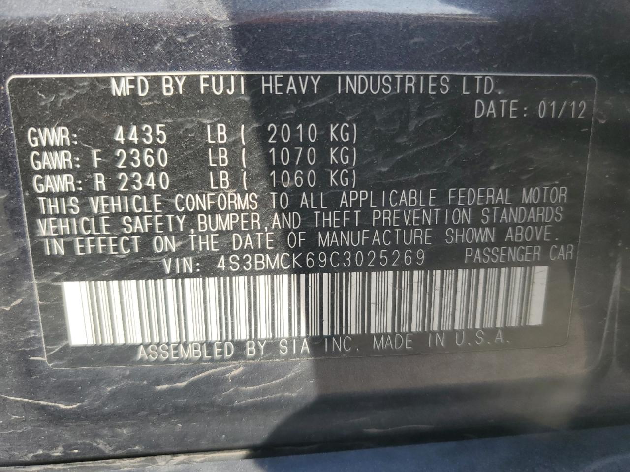 2012 Subaru Legacy 2.5I Limited VIN: 4S3BMCK69C3025269 Lot: 67315345