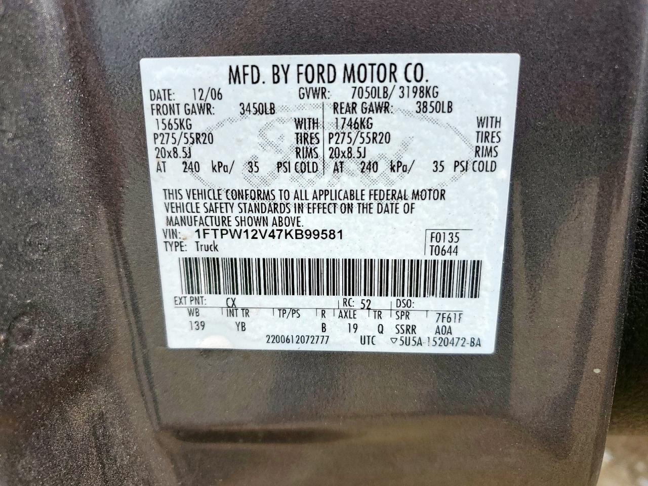 2007 Ford F150 Supercrew VIN: 1FTPW12V47KB99581 Lot: 70160515