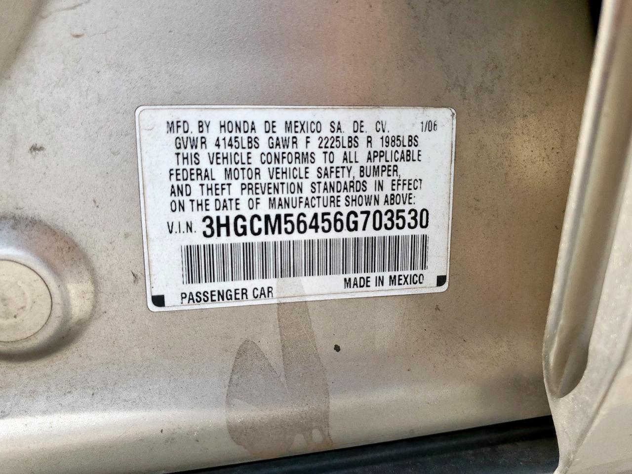 2006 Honda Accord Lx VIN: 3HGCM56456G703530 Lot: 68874295