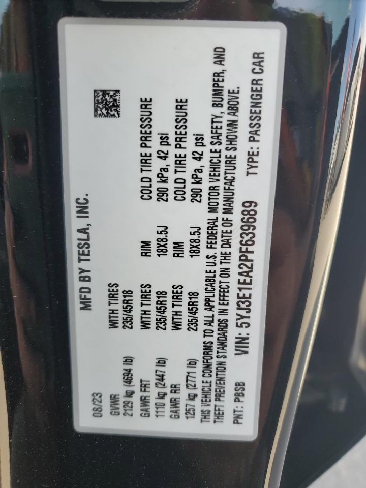 2023 Tesla Model 3 VIN: 5YJ3E1EA2PF639689 Lot: 68376075
