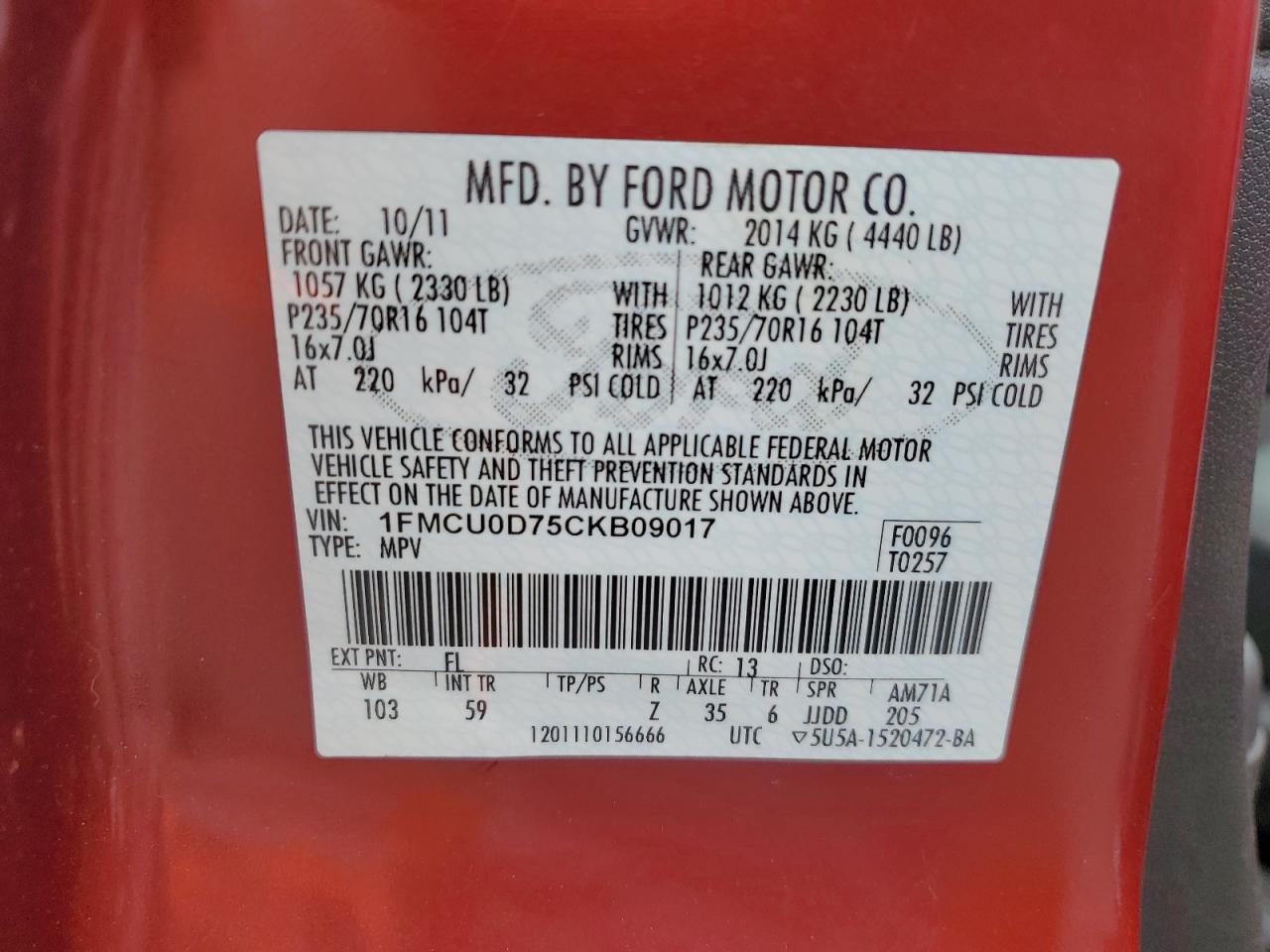 2012 Ford Escape Xlt VIN: 1FMCU0D75CKB09017 Lot: 69300465
