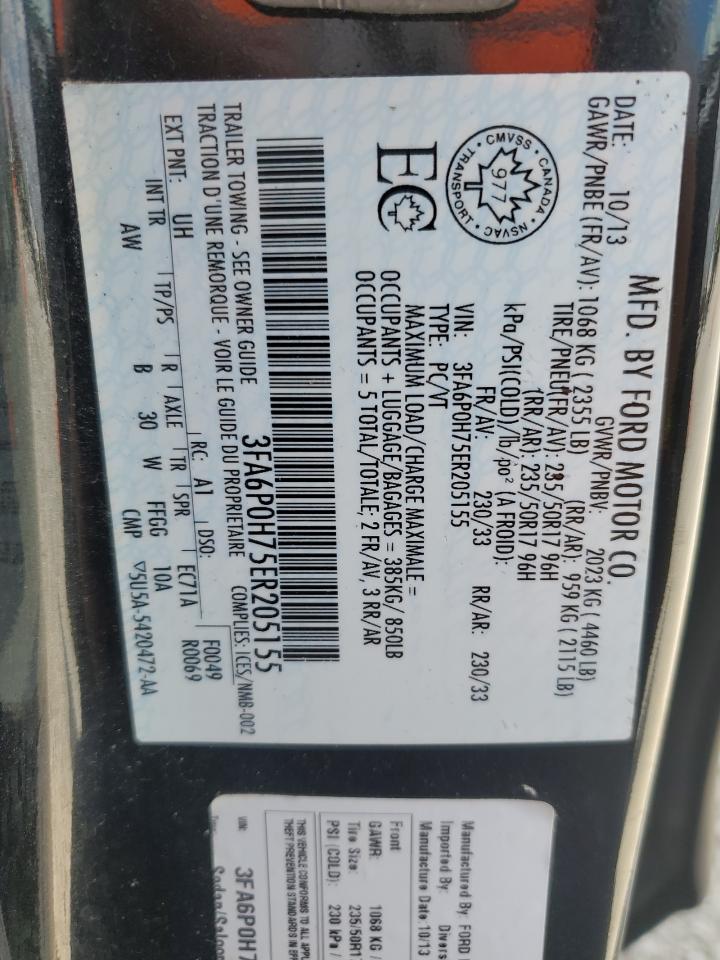 2014 Ford Fusion Se VIN: 3FA6P0H75ER205155 Lot: 60921765
