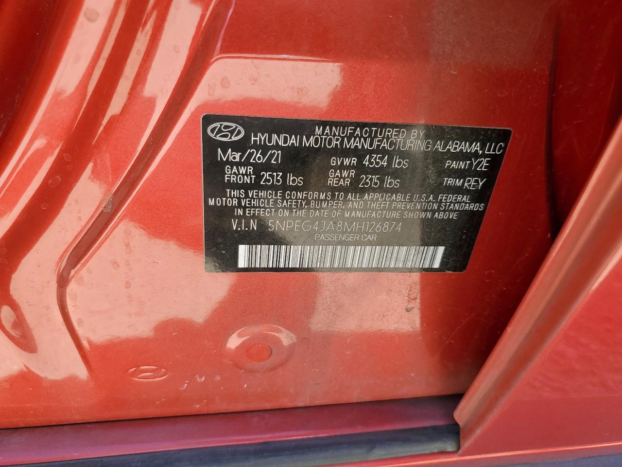 2021 Hyundai Sonata Se VIN: 5NPEG4JA8MH126874 Lot: 70708605