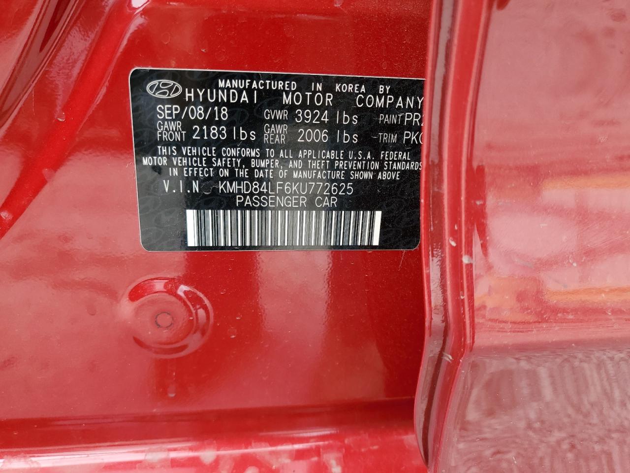 2019 Hyundai Elantra Sel VIN: KMHD84LF6KU772625 Lot: 70184145