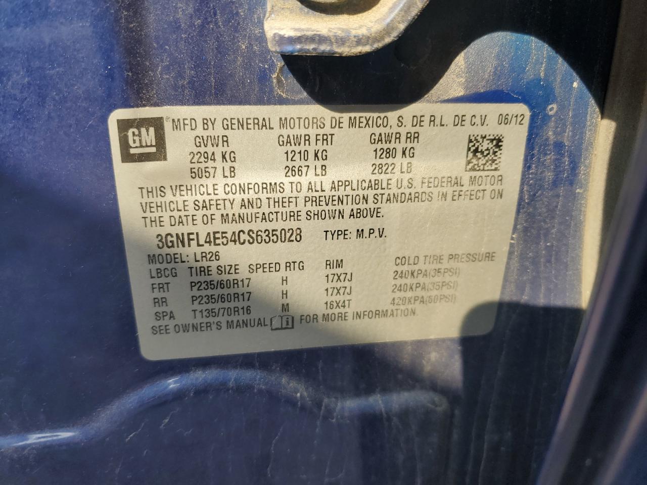 2012 Chevrolet Captiva Sport VIN: 3GNFL4E54CS635028 Lot: 67147535