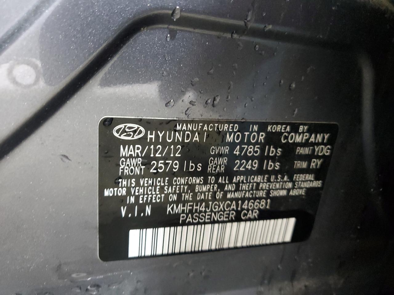 2012 Hyundai Azera Gls VIN: KMHFH4JGXCA146681 Lot: 68692395