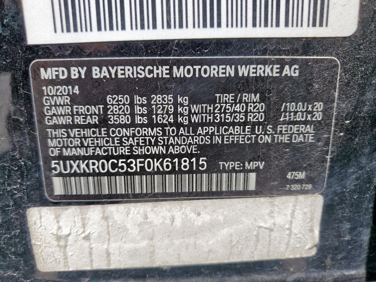 2015 BMW X5 xDrive35I VIN: 5UXKR0C53F0K61815 Lot: 69594915