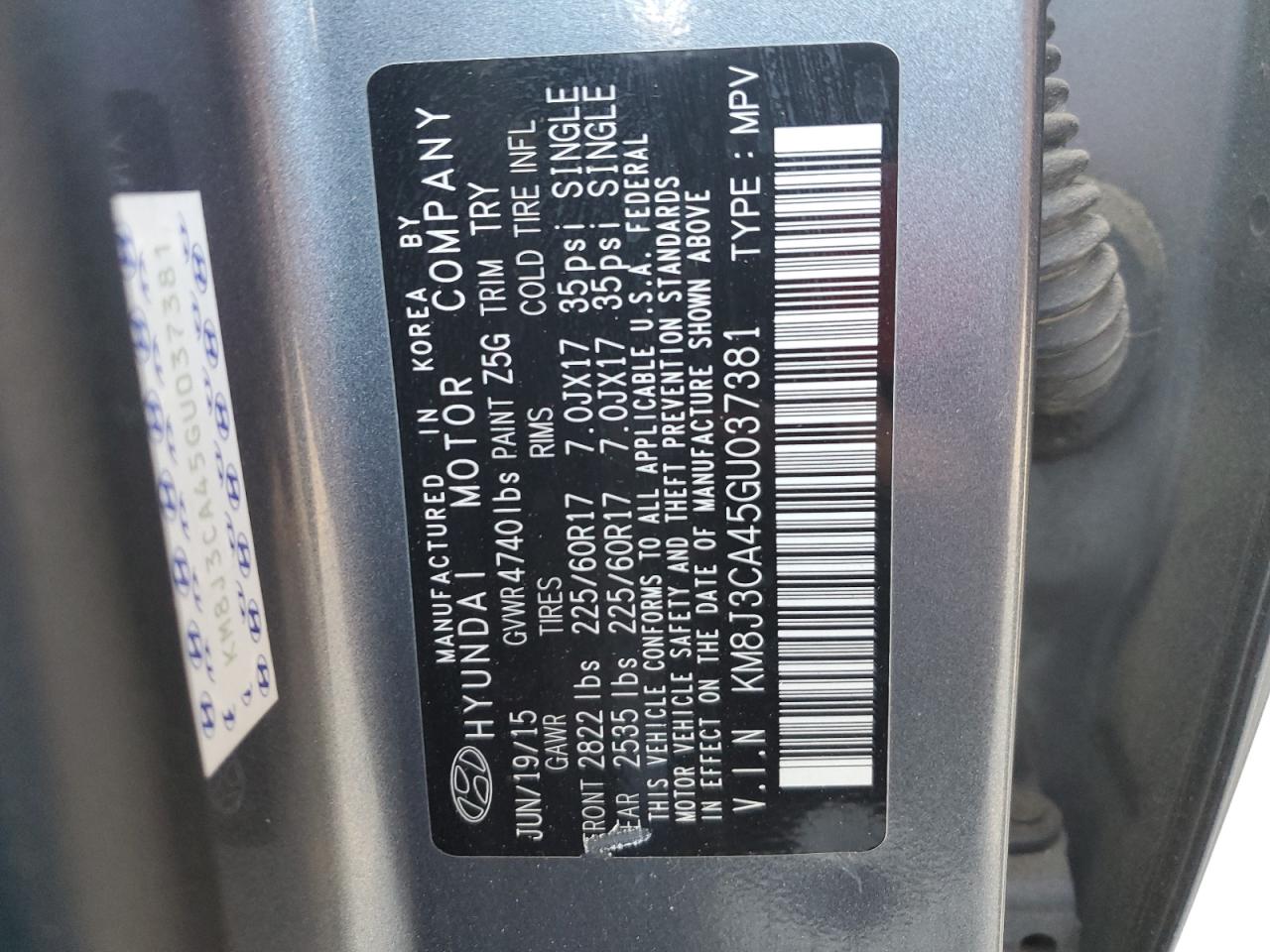 KM8J3CA45GU037381 2016 Hyundai Tucson Limited