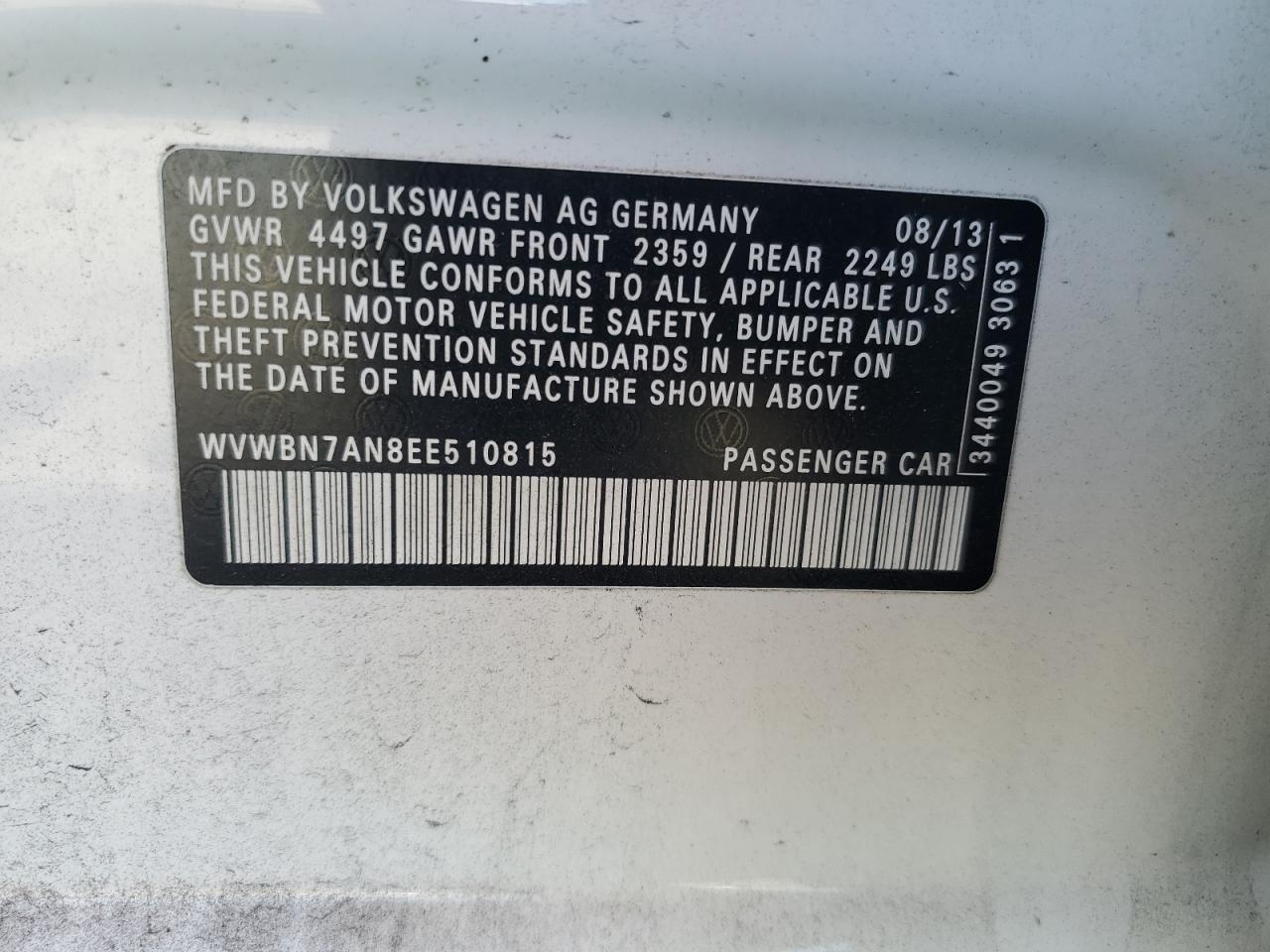 2014 Volkswagen Cc Sport VIN: WVWBN7AN8EE510815 Lot: 70031345