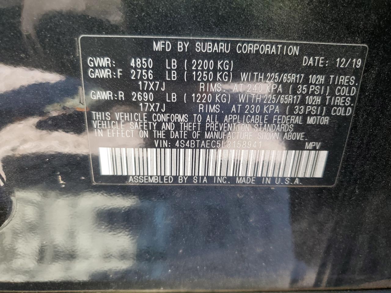 2020 Subaru Outback Premium VIN: 4S4BTAEC5L3158941 Lot: 69675365