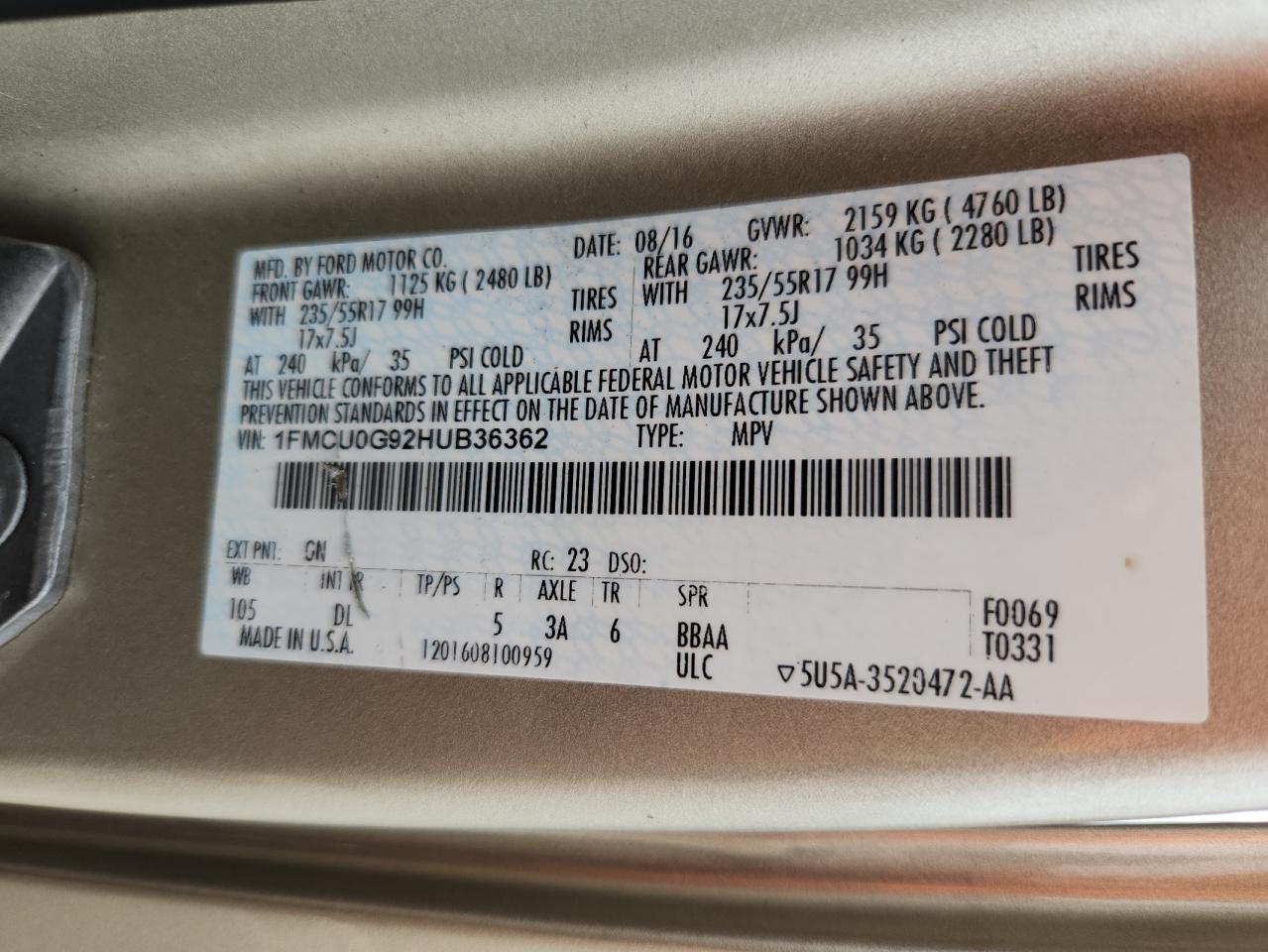 2017 Ford Escape Se VIN: 1FMCU0G92HUB36362 Lot: 67391505