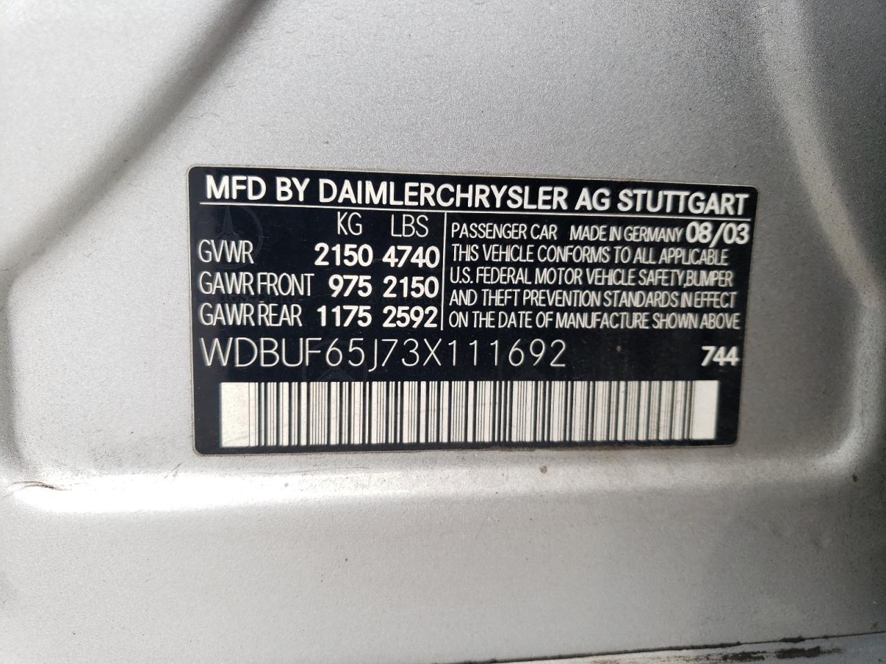 2003 Mercedes-Benz E 320 VIN: WDBUF65J73X111692 Lot: 69990415