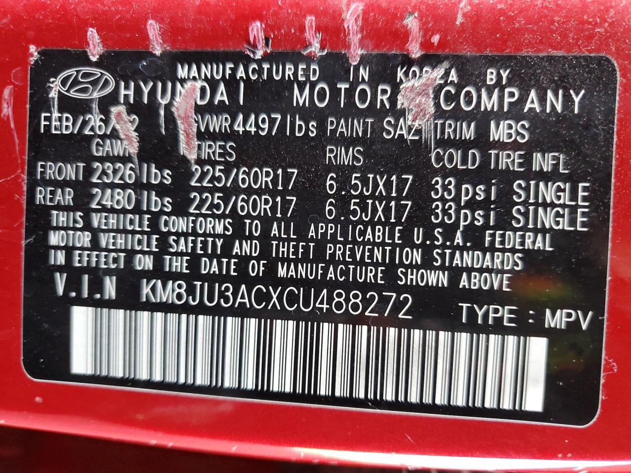 KM8JU3ACXCU488272 2012 Hyundai Tucson Gls
