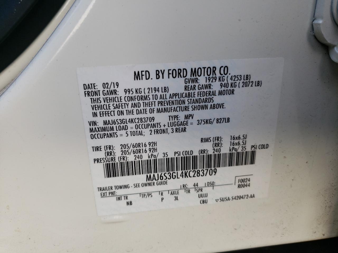 2019 Ford Ecosport Se VIN: MAJ6S3GL4KC283709 Lot: 69200815