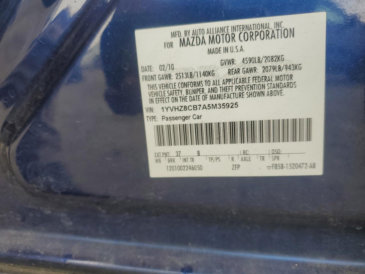 1YVHZ8CB7A5M35925 2010 Mazda 6 S