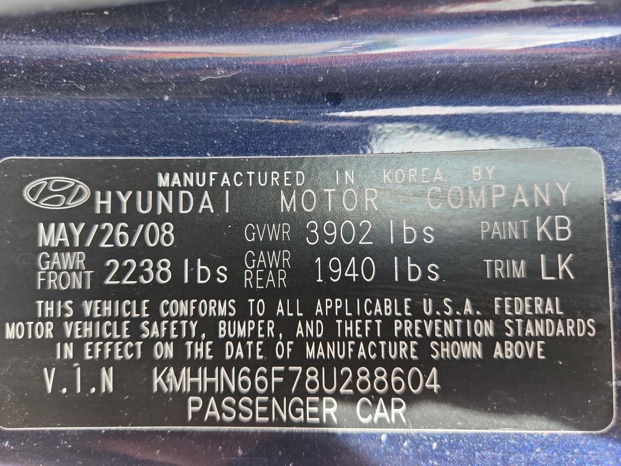 2008 Hyundai Tiburon Gt VIN: KMHHN66F78U288604 Lot: 70559655