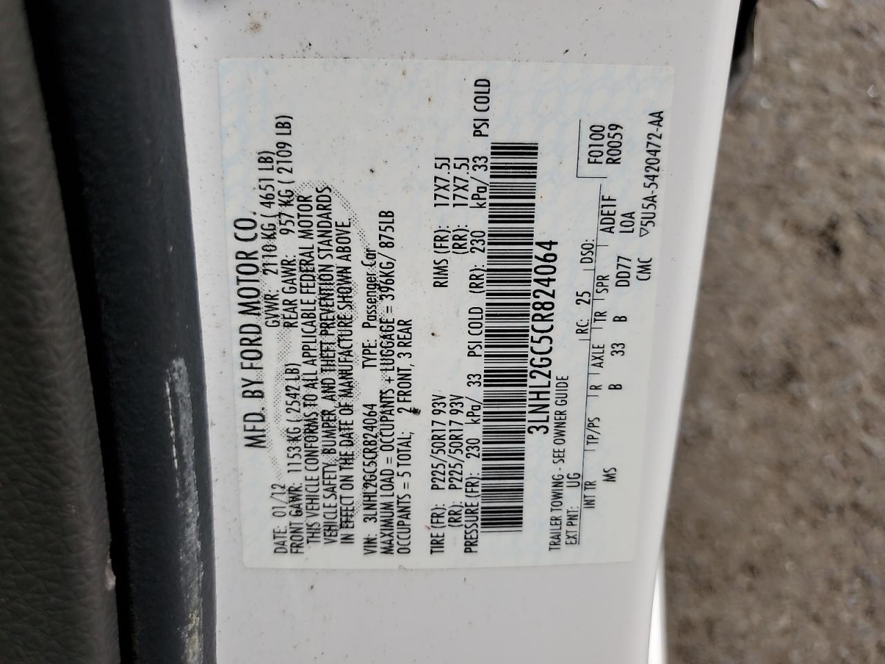 2012 Lincoln Mkz VIN: 3LNHL2GC5CR824064 Lot: 68924015