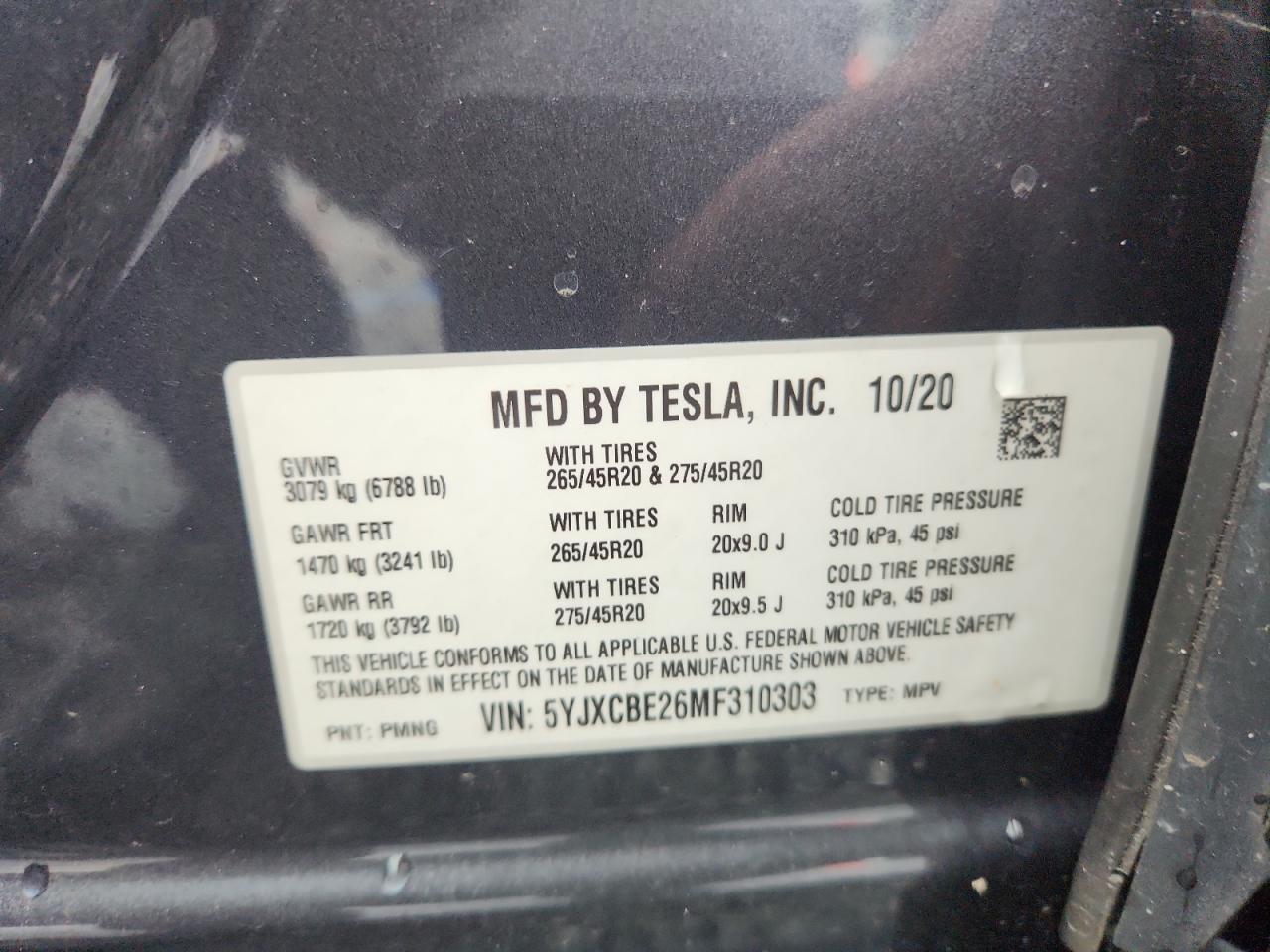2021 Tesla Model X VIN: 5YJXCBE26MF310303 Lot: 68346325