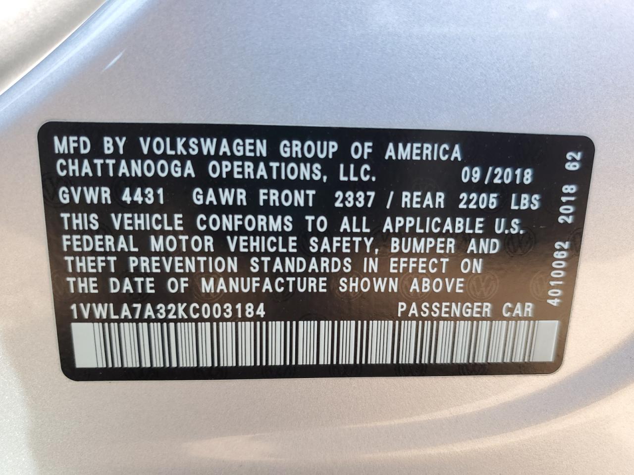 2019 Volkswagen Passat Wolfsburg VIN: 1VWLA7A32KC003184 Lot: 69406365