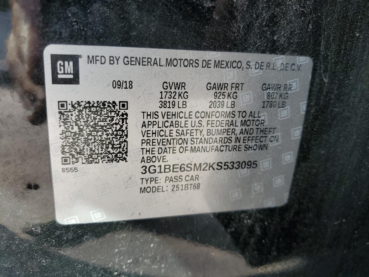 2019 Chevrolet Cruze Lt VIN: 3G1BE6SM2KS533095 Lot: 68016835