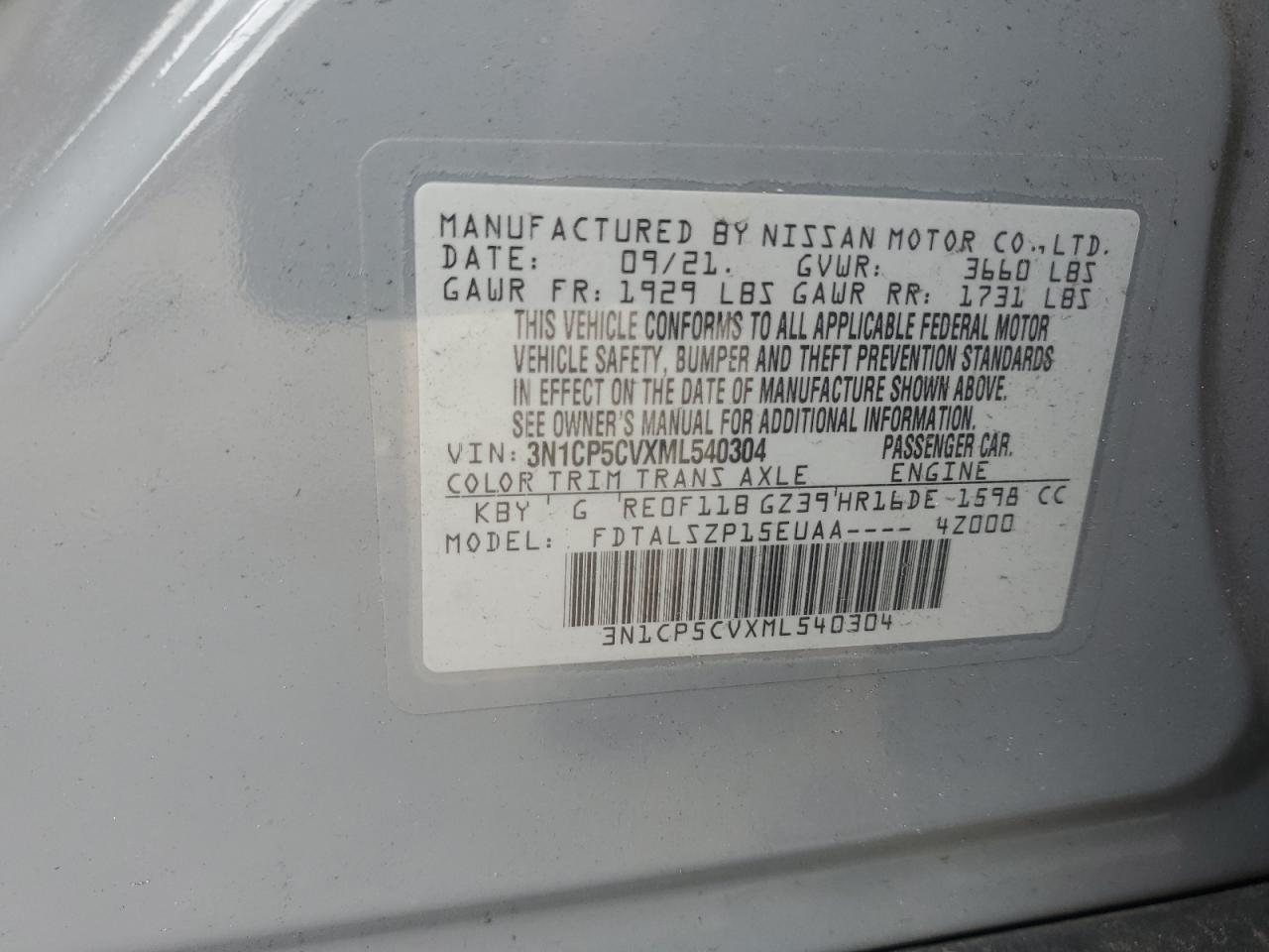 2021 Nissan Kicks Sv VIN: 3N1CP5CVXML540304 Lot: 68788965
