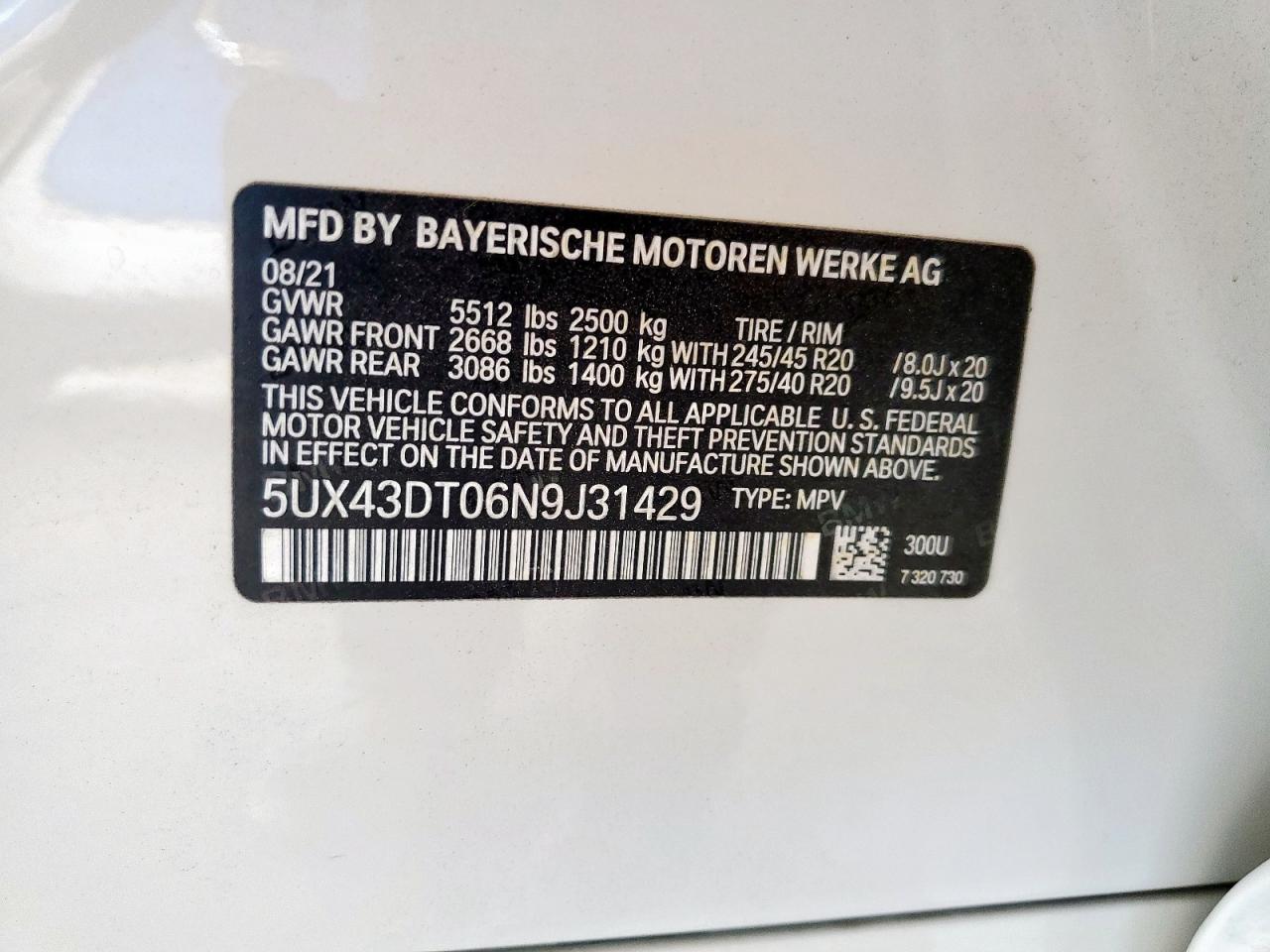 2022 BMW X4 M40I VIN: 5UX43DT06N9J31429 Lot: 68353095