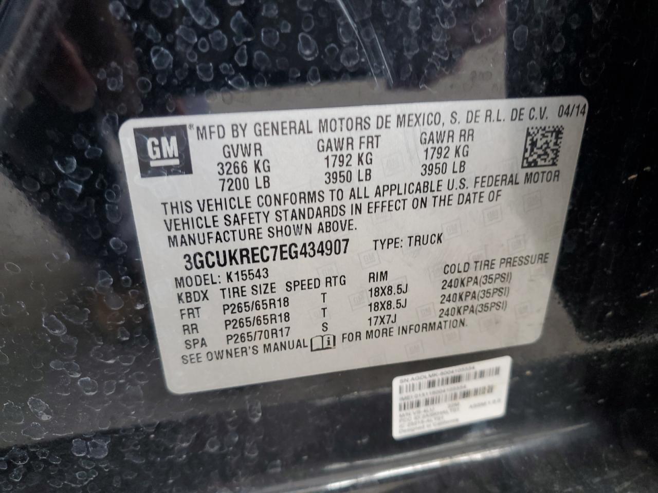 2014 Chevrolet Silverado K1500 Lt VIN: 3GCUKREC7EG434907 Lot: 69420245