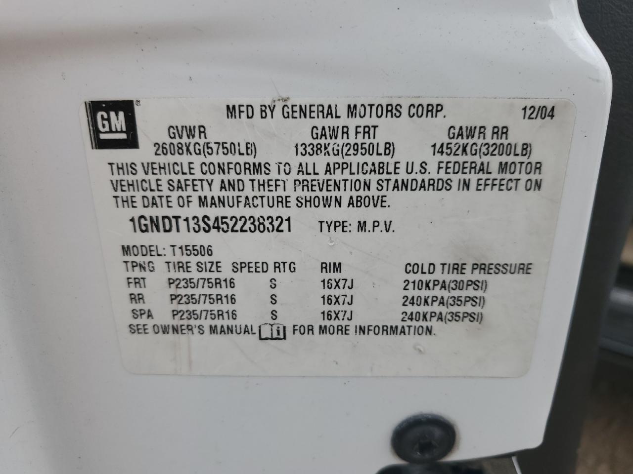 2005 Chevrolet Trailblazer Ls VIN: 1GNDT13S452238321 Lot: 70226125