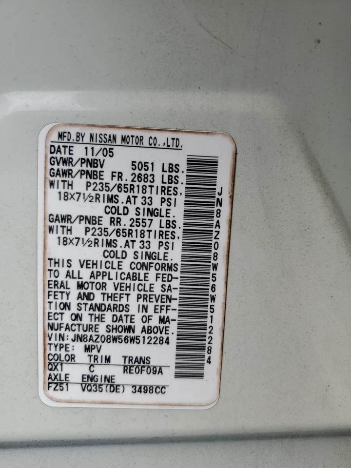 2006 Nissan Murano Sl VIN: JN8AZ08W56W512284 Lot: 69866555