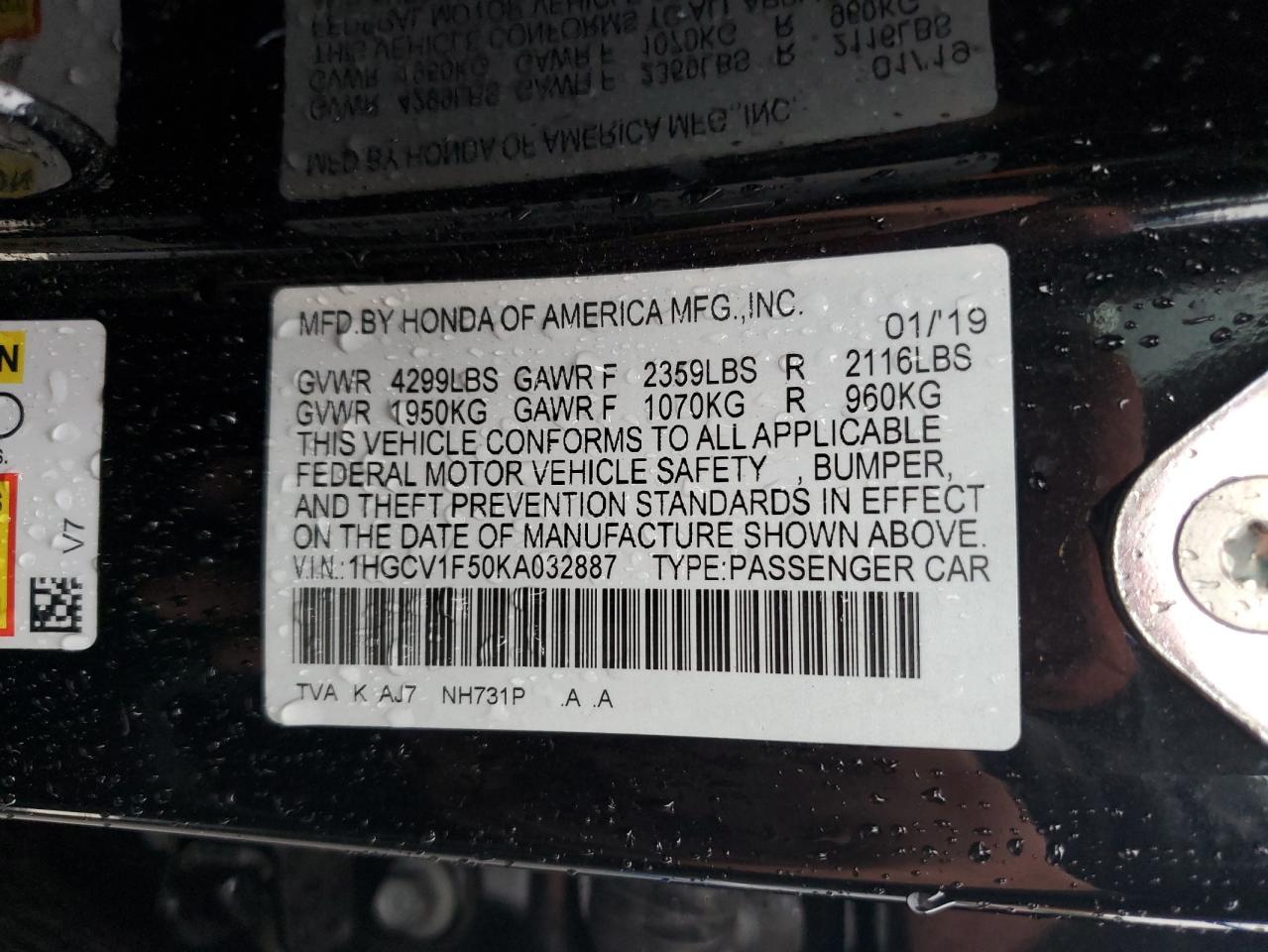 2019 Honda Accord Exl VIN: 1HGCV1F50KA032887 Lot: 69796085