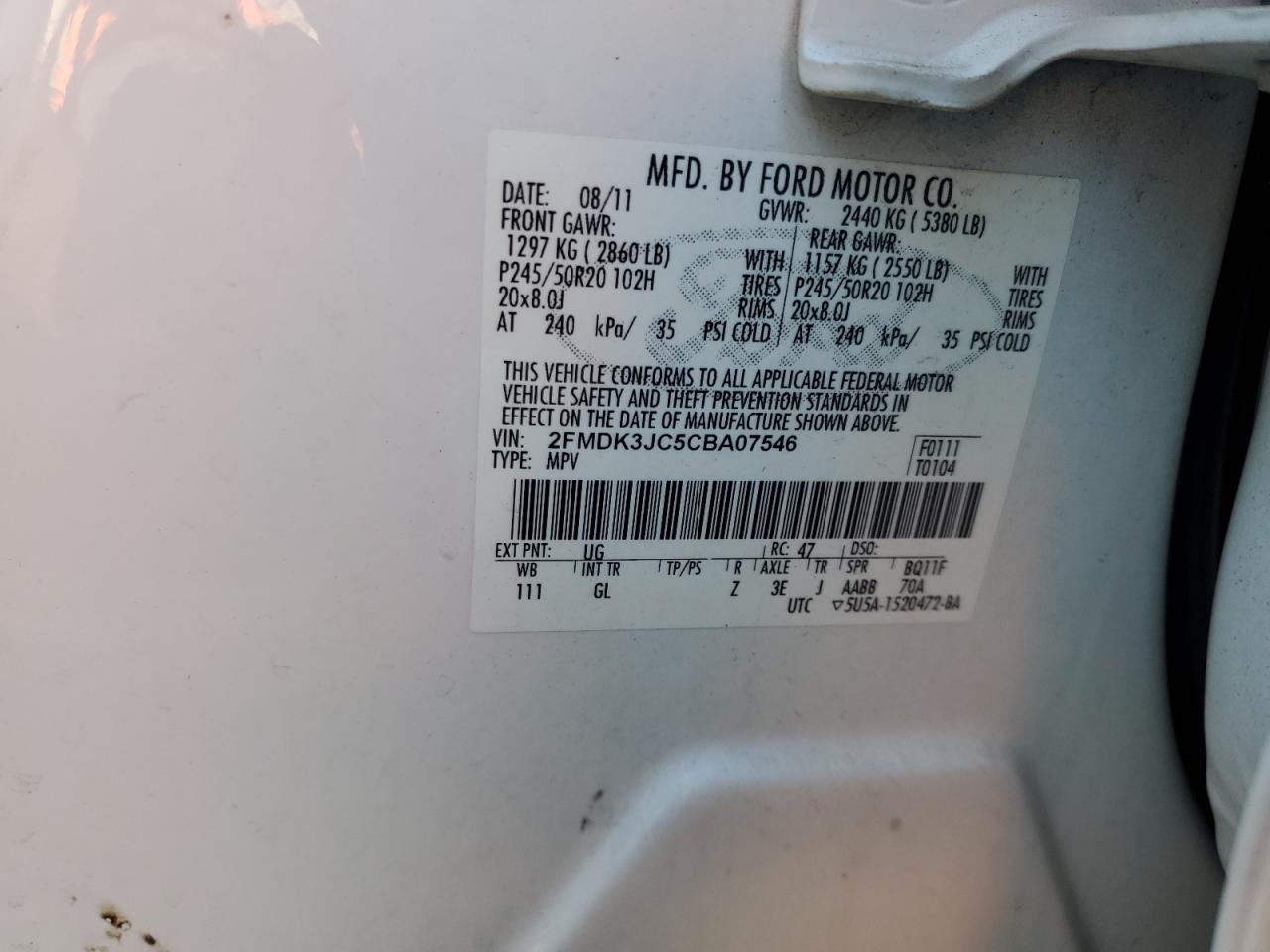 2012 Ford Edge Sel VIN: 2FMDK3JC5CBA07546 Lot: 69360905