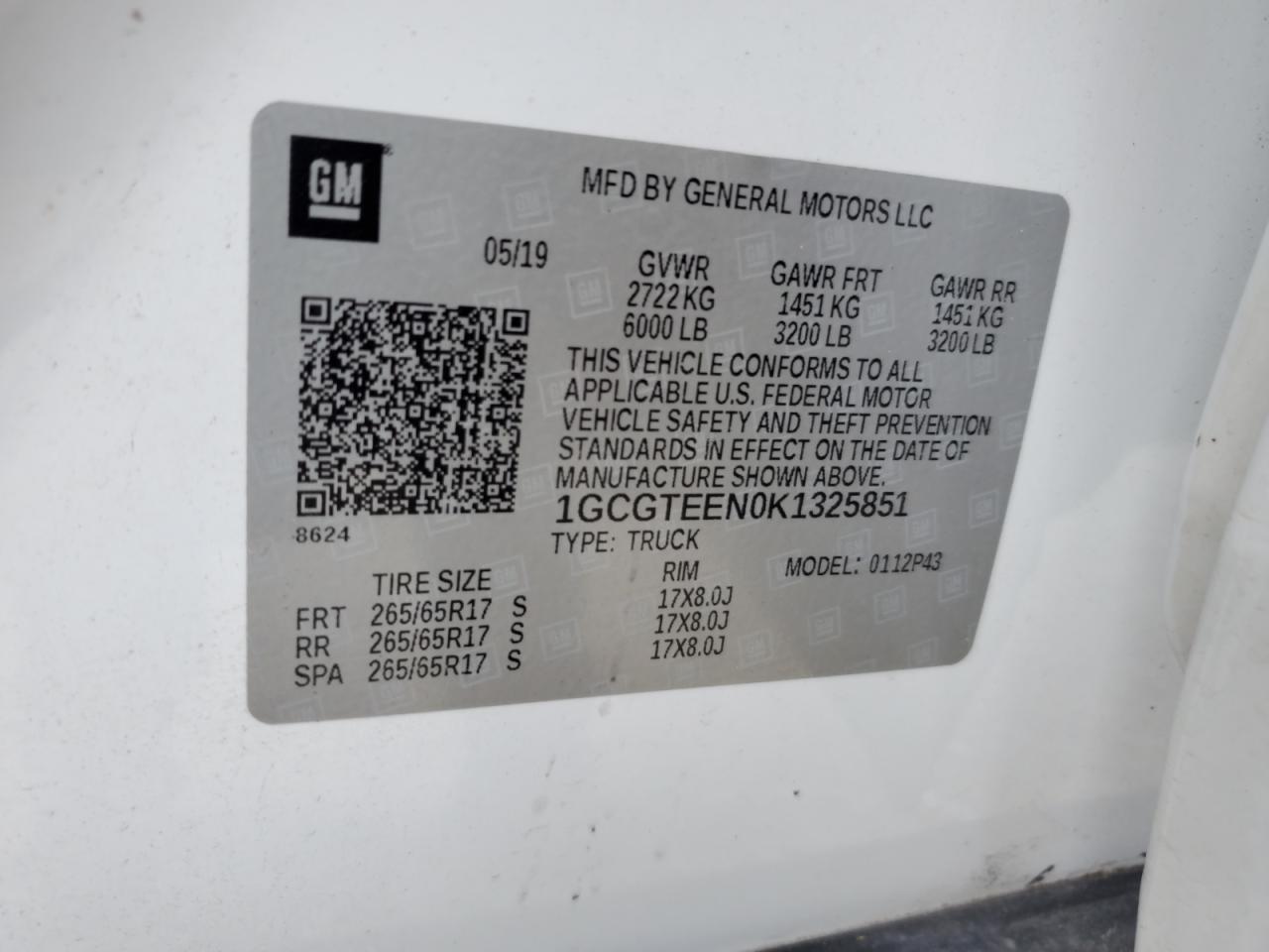 2019 Chevrolet Colorado Zr2 VIN: 1GCGTEEN0K1325851 Lot: 69699415