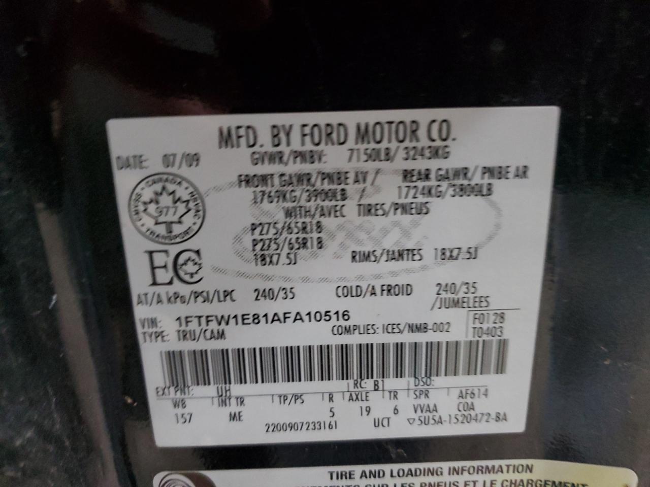 2010 Ford F150 Supercrew VIN: 1FTFW1E81AFA10516 Lot: 67396615