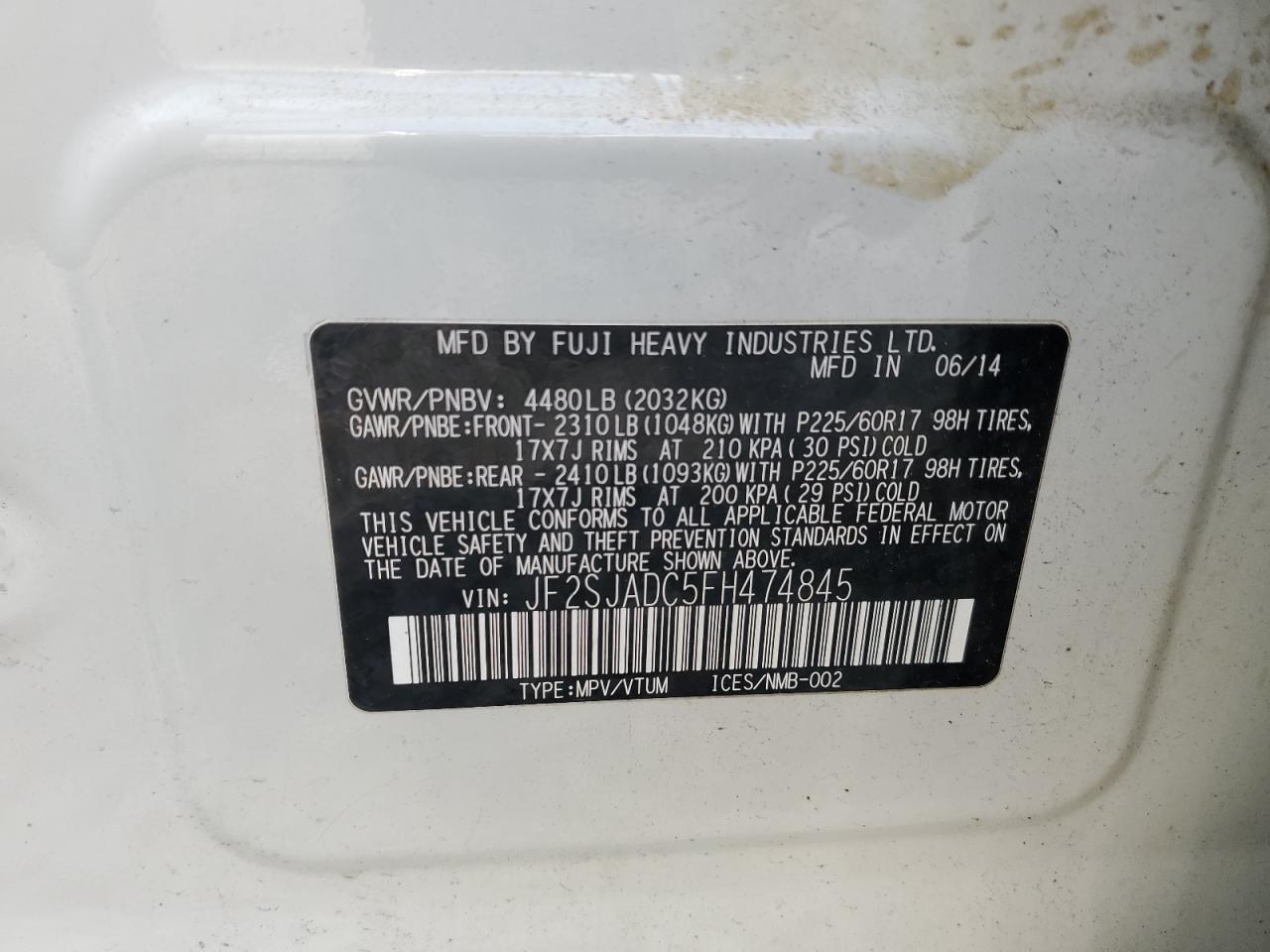 2015 Subaru Forester 2.5I Premium VIN: JF2SJADC5FH474845 Lot: 67749785