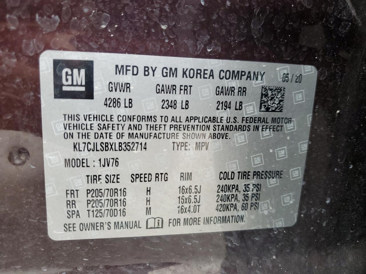 2020 Chevrolet Trax 1Lt VIN: KL7CJLSBXLB352714 Lot: 70008675