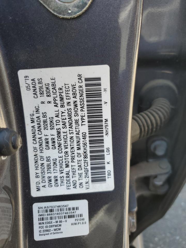 2019 Honda Civic Sport VIN: 2HGFC2F86KH561460 Lot: 69794255