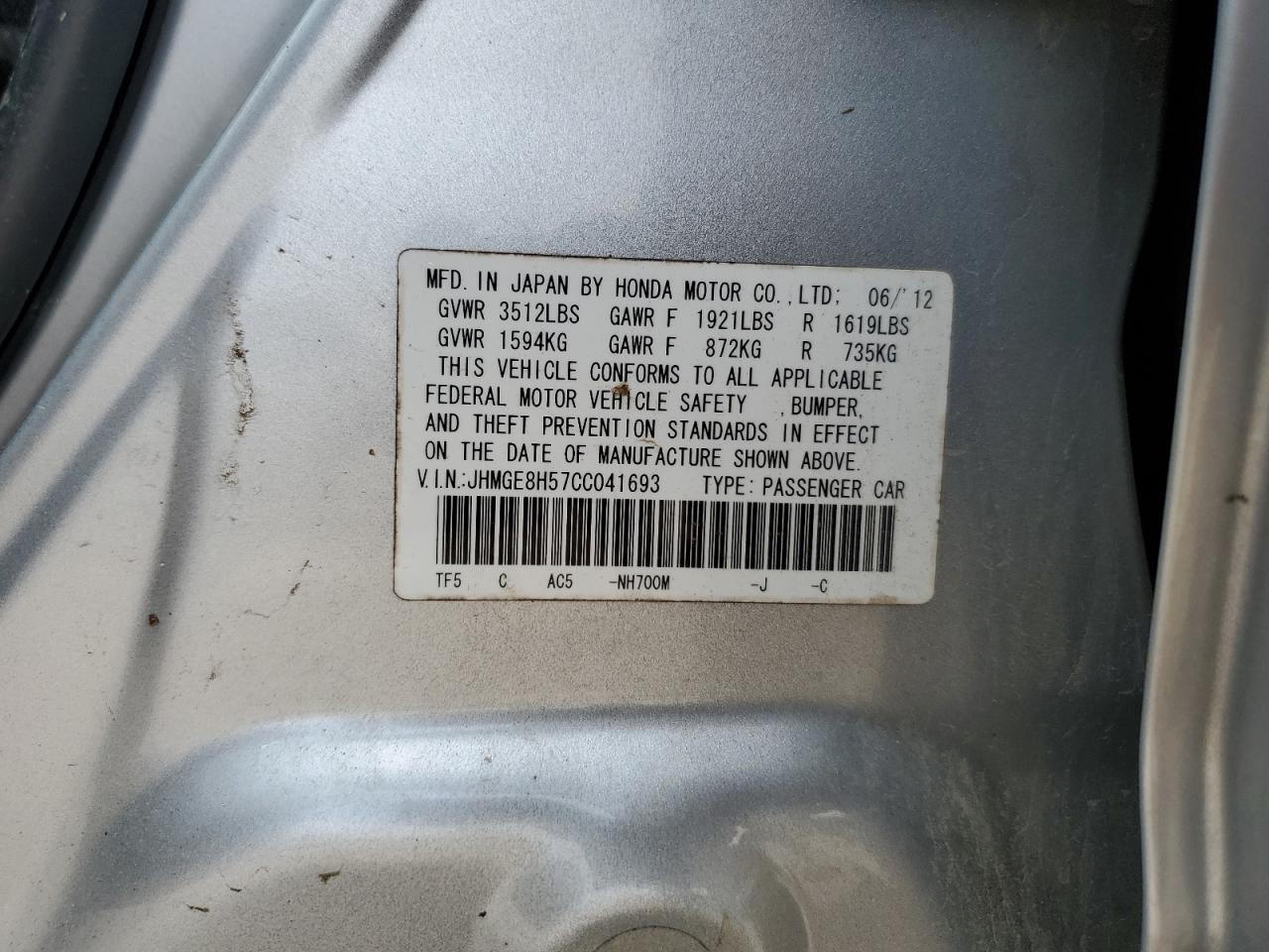 2012 Honda Fit Sport VIN: JHMGE8H57CC041693 Lot: 67637655