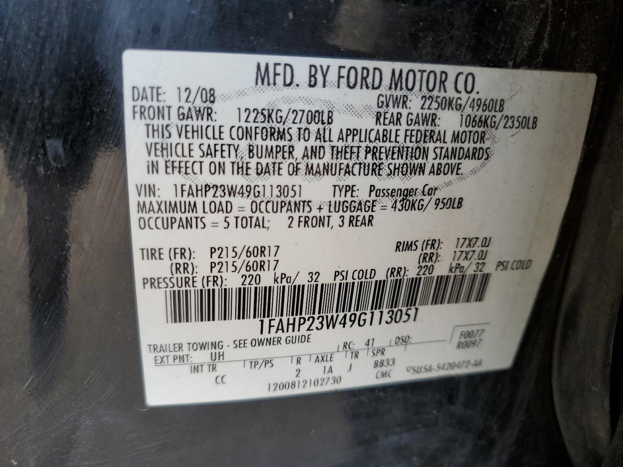 2009 Ford Taurus Se VIN: 1FAHP23W49G113051 Lot: 69059575