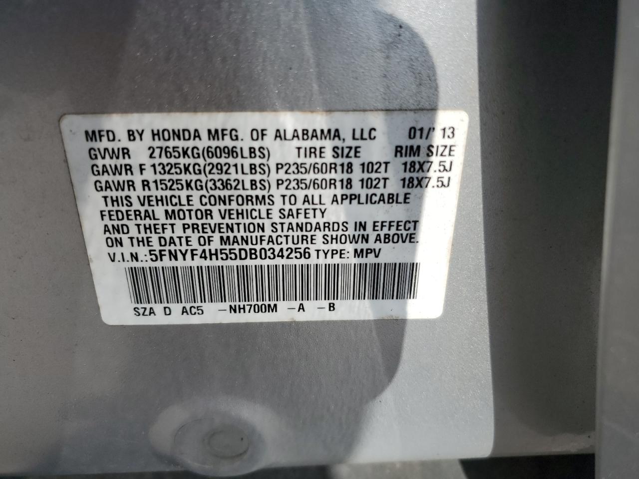 2013 Honda Pilot Exl VIN: 5FNYF4H55DB034256 Lot: 65179075