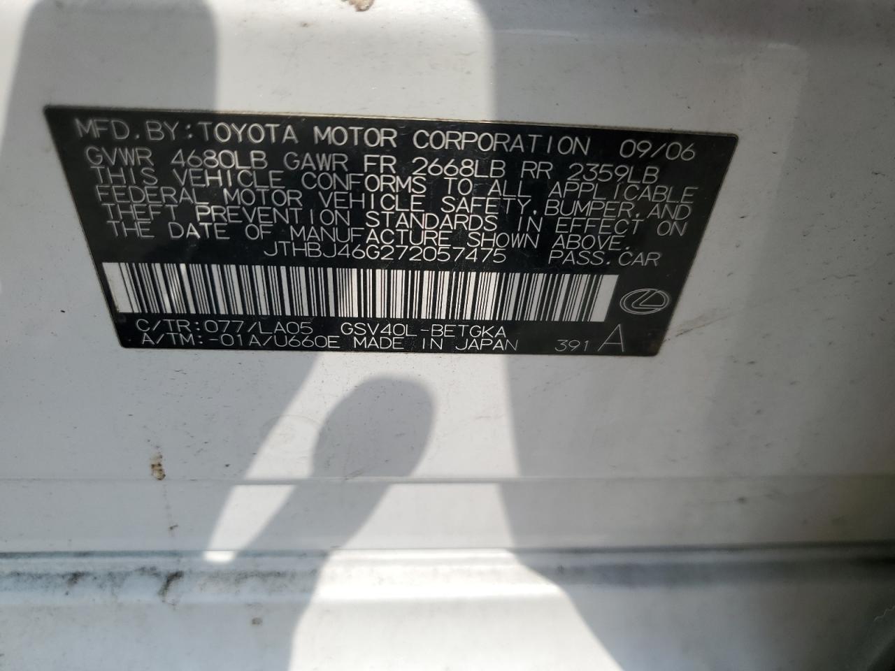 2007 Lexus Es 350 VIN: JTHBJ46G272057475 Lot: 68958615