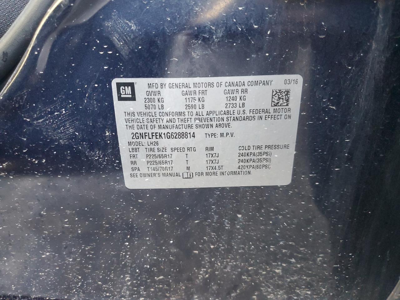 2016 Chevrolet Equinox Lt VIN: 2GNFLFEK1G6288814 Lot: 70259525