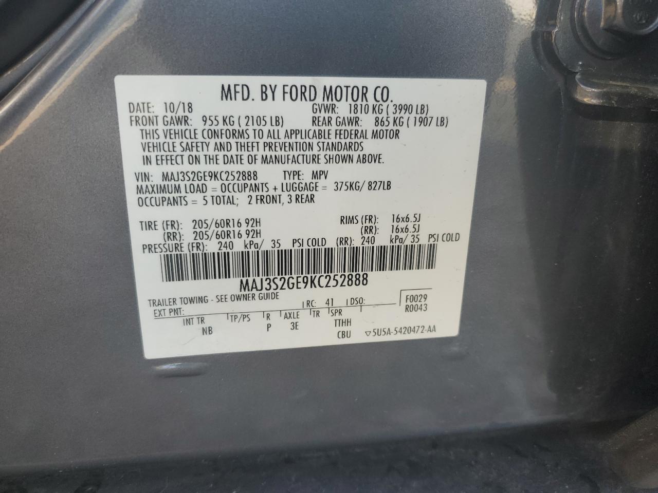 2019 Ford Ecosport Se VIN: MAJ3S2GE9KC252888 Lot: 69626115