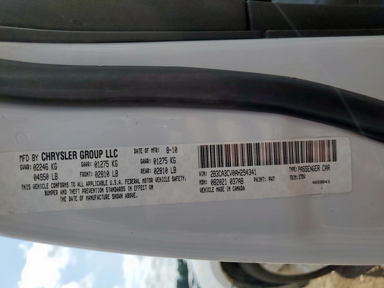 2010 Dodge Charger Sxt VIN: 2B3CA3CV0AH294341 Lot: 63506865