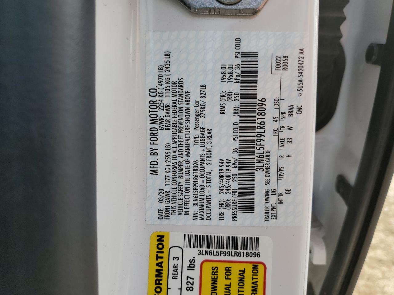 2020 Lincoln Mkz Reserve VIN: 3LN6L5F99LR618096 Lot: 67352035