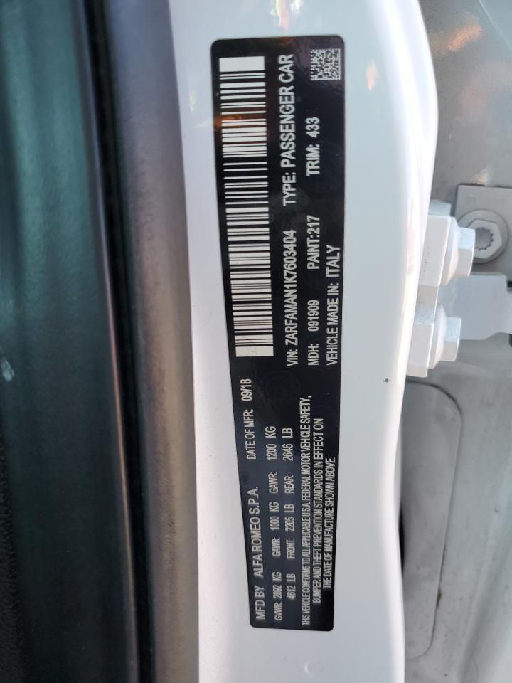 2019 Alfa Romeo Giulia VIN: ZARFAMAN1K7603404 Lot: 69470115