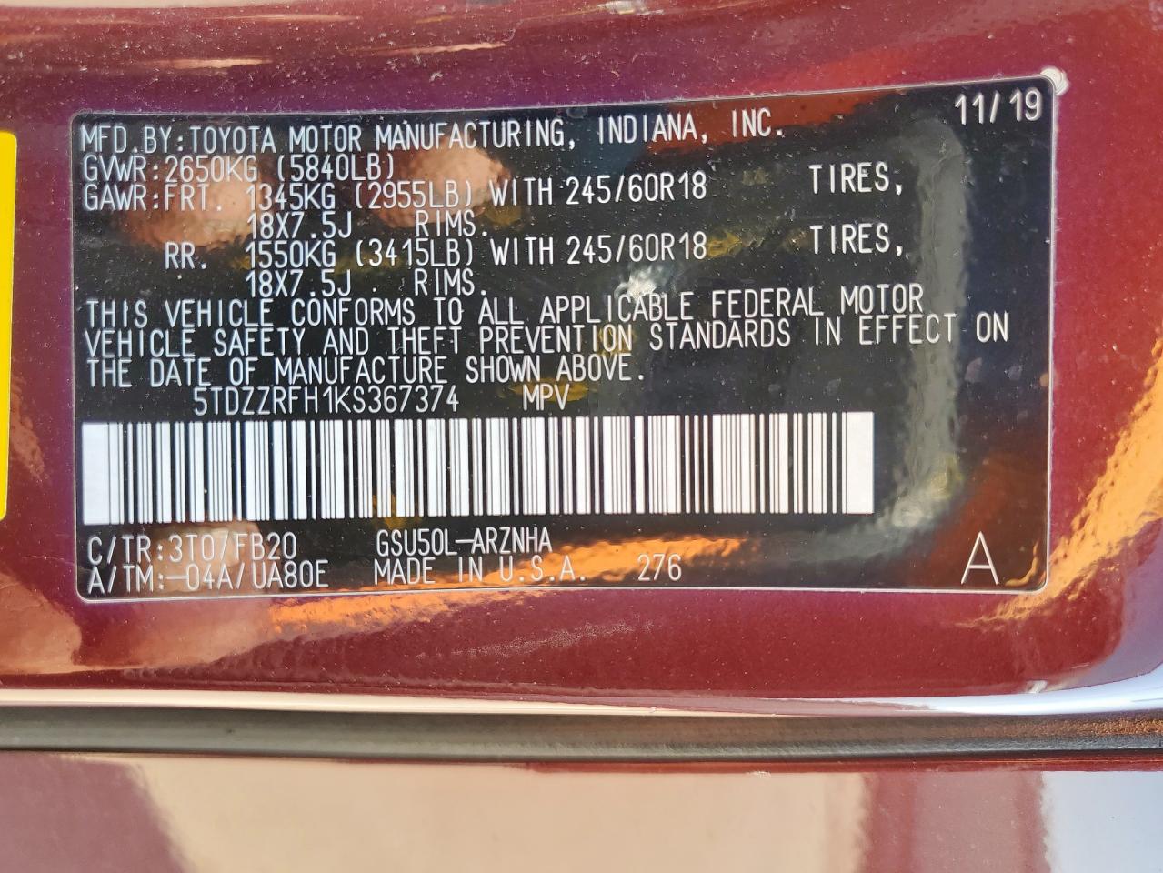 2019 Toyota Highlander Le VIN: 5TDZZRFH1KS367374 Lot: 70173895