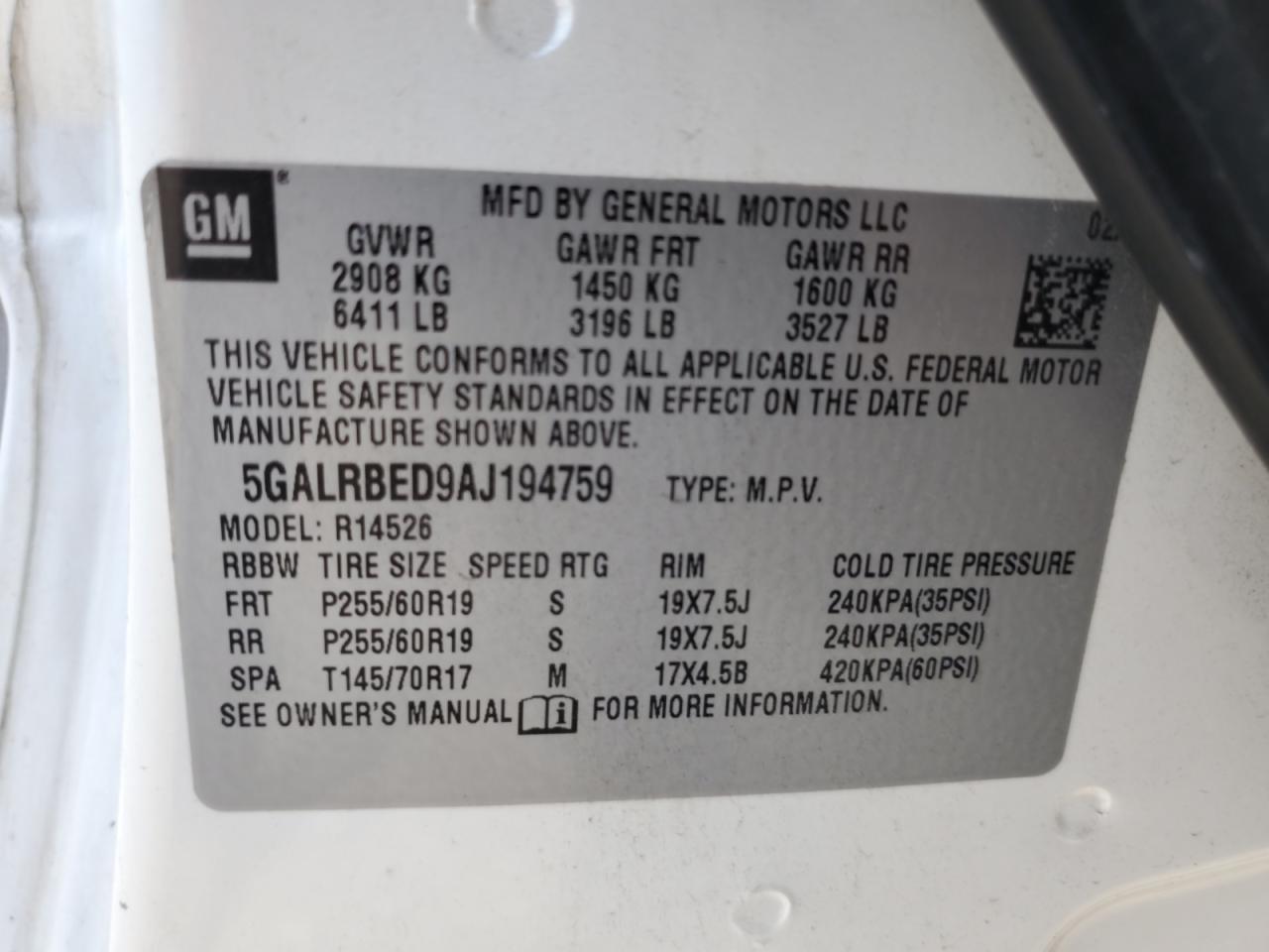 2010 Buick Enclave Cxl VIN: 5GALRBED9AJ194759 Lot: 68953085