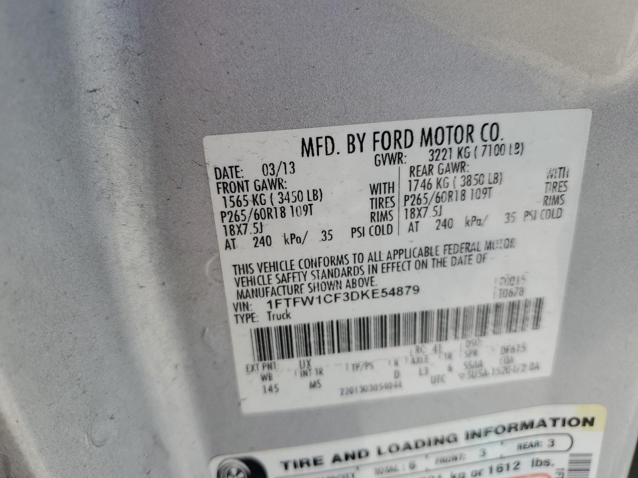 2013 Ford F150 Supercrew VIN: 1FTFW1CF3DKE54879 Lot: 70274535