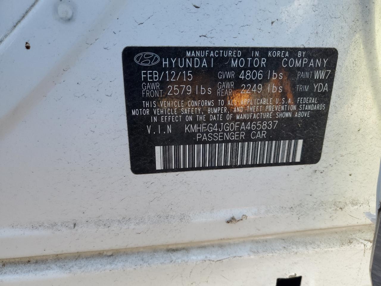 2015 Hyundai Azera VIN: KMHFG4JG0FA465837 Lot: 69883475